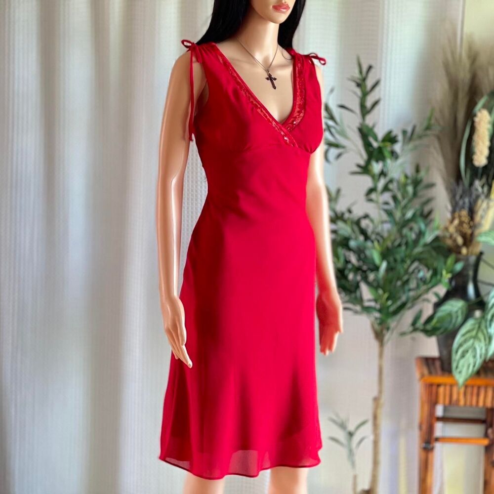 Vintage Y2K Breakin' Loose Red Midi Dress‎ Beaded Trim Made in USA Size 5/6